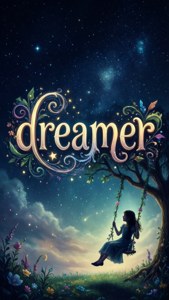 Isang mapaglarong wallpaper na may 'dreamer' at eksena ng mabituing gabi. — Aesthetic na salita Wallpaper
