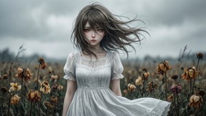 Isang anime na babae sa isang lantang na lupa, malungkot at hinahangin. — Malungkot na anime GIF Wallpaper