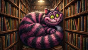 Si Cheshire Cat na sumisilip sa isang mahiwagang aklatan. — Cheshire Cat Wallpaper