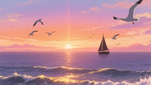 Isang kahanga-hangang anime na paglubog ng araw sa dagat na may maiinit na kulay at pakiramdam ng nostalgia. — Anime scenery GIF Wallpaper