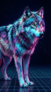 Isang low-poly na lobo ng kalawakan na may mga neon na geometric pattern ay nakatayo sa isang synthwave grid.