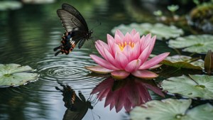 Isang paruparo na papalapit sa isang pink lotus sa isang tahimik na lawa. — Butterfly Wallpaper