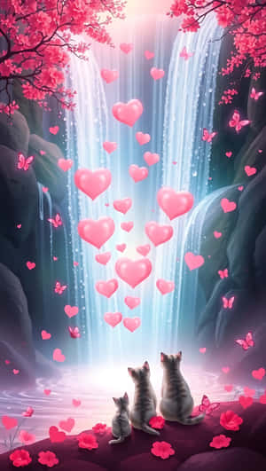 Araw ng mga Puso, pag-ibig, talon, mga puso, pusa, rosas, paruparo, mahika, romantiko, wallpaper ng smartphone — Waterfall Wallpaper