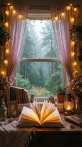 Isang aesthetic art wallpaper ng maaliwalas na sulok ng pagbabasa na may tanawin. — Aesthetic art GIF Wallpaper