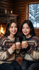 Ang TWICE na nakasuot ng maaliwalas na pang-taglamig na sweater, may niyebe at mainit na liwanag ng apoy.