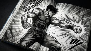 Isang dinamikong itim at puting panel ng manga na may matinding aksyon. — Manga GIF Wallpaper