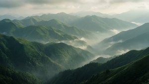 Mga naka-patong luntiang burol na nababalot ng ambon, nagpapadang-dang ng kadaklanan at kalmado. — Berdeng aesthetic na GIF Wallpaper