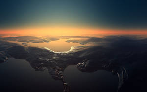 Dusk sa itaas ng reservoir na may asul na langit at sun rays MacBook Pro wallpaper.