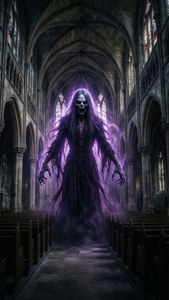 Lumilitaw si Omen mula sa kadiliman sa isang nakakatakot na katedral para sa wallpaper na ito ng Valorant. — Valorant Wallpaper