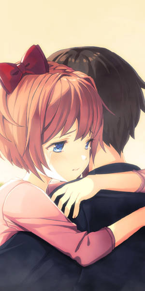 Magkasintahan na Anime na Magkayakap na may Pulang Laso — Anime couple GIF Wallpaper