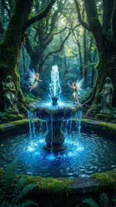 Isang mahiwagang fountain ng mga diwata ang kumikinang sa puso ng kagubatan.