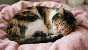 Isang pusang calico na nakakulot at natutulog sa malambot na kumot na may mga kulay pastel.