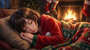 Anime na babae natutulog sa Christmas onesie sa tabi ng fireplace