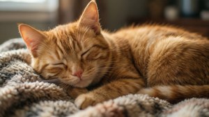 Isang nakakapusong larawan ng isang natutulog na pusa sa isang kumot, perpekto para sa mga mahilig ng hayop.