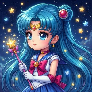 Chibi magical girl na may asul na buhok at wand sa ilalim ng mga bituin.