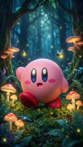 Si Kirby ay naglalakbay sa isang mahiwagang kagubatan na may mga kumikinang na kabute at alitaptap, mapangarapin at malambot. — Kirby GIF Wallpaper