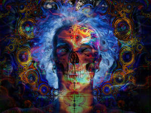 Maitim na Trippy na Skeleton na Napapaligiran ng mga Singsing — Skull Wallpaper
