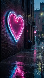 Karateng neon na puso sa pader ng makipot na eskinita ng syudad. — Love aesthetic GIF Wallpaper