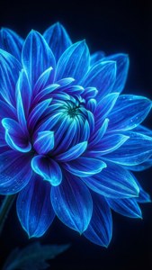 Isang close-up macro view ng isang neon blue na bulaklak na kumikinang sa dilim.