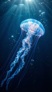 Isang kumikinang na asul na dikya sa malalim na madilim na asul na mundo sa ilalim ng tubig. — Madilim na asul na aesthetic Wallpaper