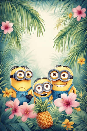Minions, wallpaper, 4K, tropikal na kagubatan, dahon ng palma, pastel pink, pastel yellow, bulaklak, pinya — iPhone 4 Wallpaper