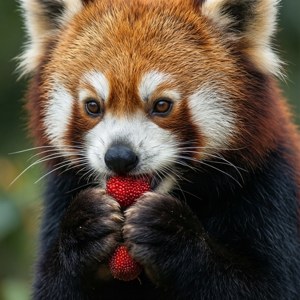 Malapitang tanaw ng red panda na kumakain ng mga pulang berry na may berdeng bokeh. — Cute Panda Wallpaper