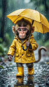 Isang nakatutuwang unggoy na may payong na naglalakad sa ulan. — Cute Monkey Wallpaper