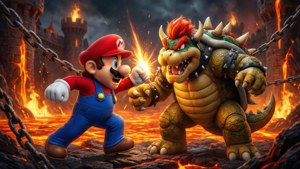 Eng masidhing labanan sa pagitan nina Mario at Bowser sa isang kastilyong lava.