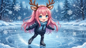 Babaeng anime na may kulay rosang buhok na nag-i-ice skating sa isang nagyelong lawa sa taglamig.