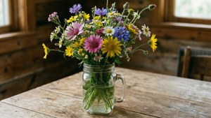 Cozy rustic wallpaper ng mga wildflower sa isang mason jar na nasa kahoy. — Bulaklak aesthetic Wallpaper