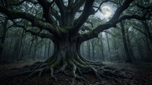 Isang madilim na kagubatan na may matandang puno ng oak sa ilalim ng kabilugan ng buwan, nakakatakot at gothic. — Madilim na kagubatan Wallpaper