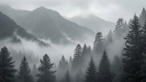 Tahimik na monochrome na tanawin ng mga bundok na may hamog at mga puno ng pino