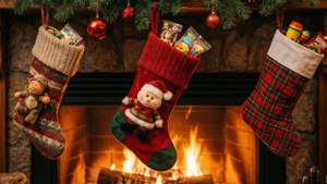 Paskong medyas na puno ng mga regalo sa tabi ng mainit na apuyan. — Ang cute ng Pasko Wallpaper