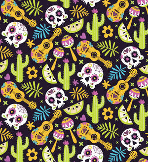 Mexico Bungo-Cacti-Gitara Mga Pattern Wallpaper — Aesthetic music Wallpaper