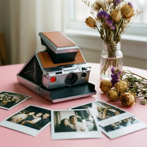 Isang malambot na pastel na still life na may lumang Polaroid camera at mga larawan