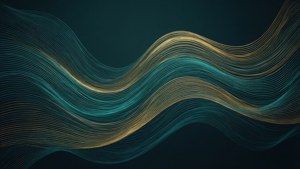 Isang modernong abstract wallpaper na may umaagos na teal at ginto na alon, mainam para sa isang makinis na itsura.