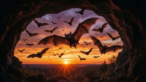 Mga bats na lumalabas mula sa yungib laban sa makulay na langit ng paglubog ng araw