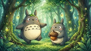 Mga kaibig-ibig na espiritu ng kagubatan mula sa Totoro, isang nostalhik na kawaii wallpaper.