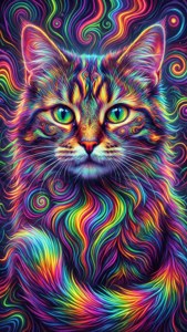 Trippy na Cheshire Cat na may bahagharing guhit at neon na mga ikot-ikot.