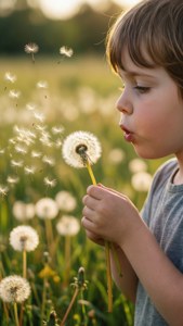 Isang bata na humihip ng mga buto ng dandelion sa ginintuang oras sa isang bukid sa tagsibol.