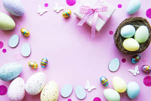 Mga Kaibig-ibig na Easter Bunny na May Makukulay na Itlog at Bulaklak