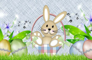 Mga Kaibig-ibig na Easter Bunny na May Makukulay na Itlog sa Isang Namumulaklak na Hardin