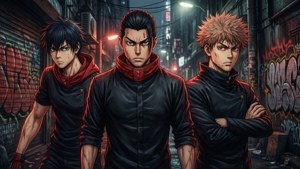 Isang dramatikong group wallpaper nina Mikey, Draken, at Takemichi mula sa Tokyo Revengers sa isang madilim na eskinita. — Tokyo revengers Wallpaper