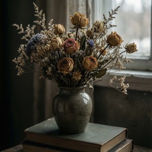Still life ng dark academia na may mga pinatuyong bulaklak at lumang aklat. — Dark academia GIF Wallpaper