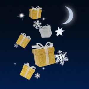 Mga mahiwagang regalong lumulutang kasama ng mga snowflake at bituin sa kalangitan ng gabi. — Regalo Pasko Wallpaper