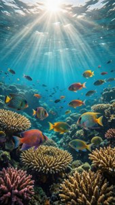 Eksena sa ilalim ng dagat ng isang coral reef na may mga sinag ng araw at tropikal na isda. — iPad Wallpaper