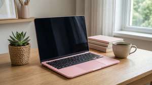 Malambot na aesthetic na wallpaper ng desk na may pink laptop, succulent, at kape. — Malambot na aesthetic GIF Wallpaper