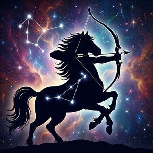 Simpleng silhouette ng isang centaur archer na may nebula at constellation. — Galaxy Watch Wallpaper