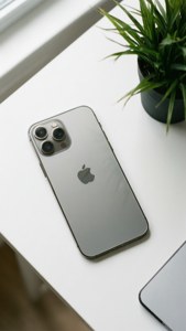 Flat lay ng iPhone 12 Pro Max Silver na may halaman.
