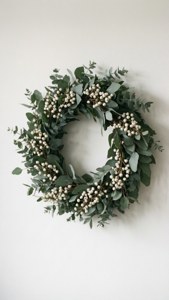 Isang simpleng koronang eucalyptus sa puting pader, istilong Scandinavian. — Kawaii pasko Wallpaper